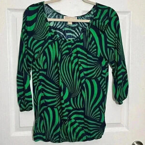 MICHAEL KORS Animal Print Navy and Green Peasant Top | size XS